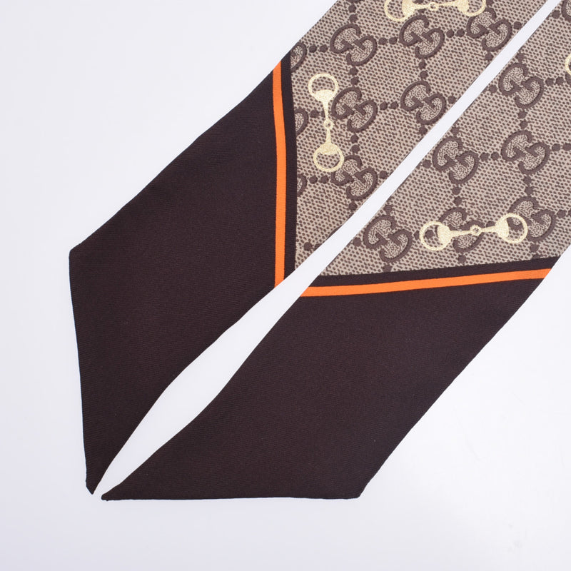 GUCCI Gucci Silk Neck Bow GG Printed Hose Bit Gray / Brown / Orange Border Unisex Silk 100% Scarf Unused Silgrin