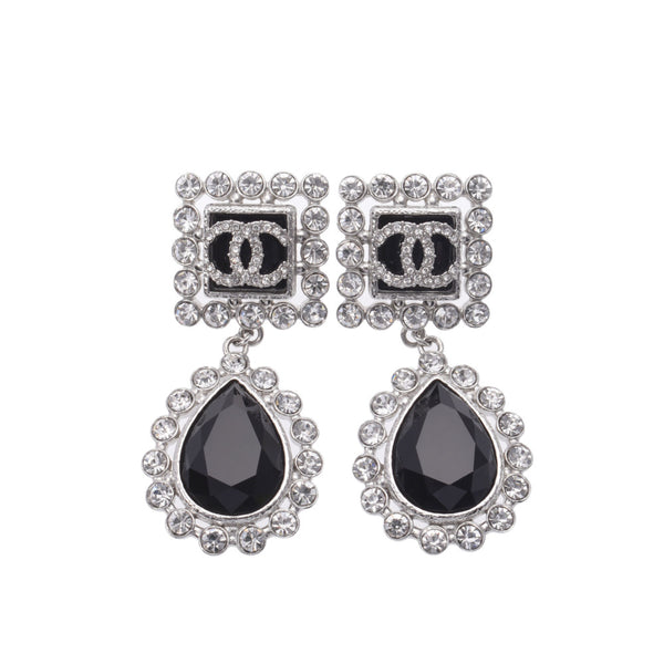 Chanel Chanel Logo Earrings Square / Pair Shape 21 Model Black / Silver Women's Metal / Rhinestone Earrings A-Rank Used Sinkjo