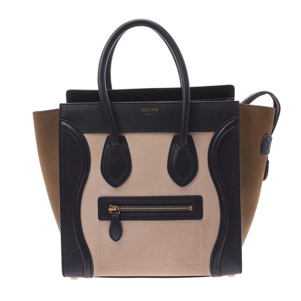 CELINE セリーヌ ラゲージ マイクロショッパー トリコロール 黒/ベージュ/カーキ レディース カーフ ハンドバッグ Bランク 中古 銀蔵