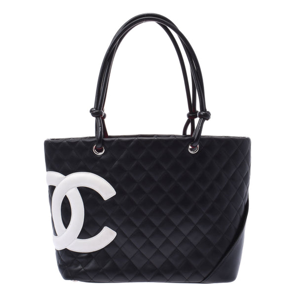 CHANEL シャネル カンボンライン ラージトート 黒/白 レディース ラムスキン トートバッグ ABランク 中古 銀蔵