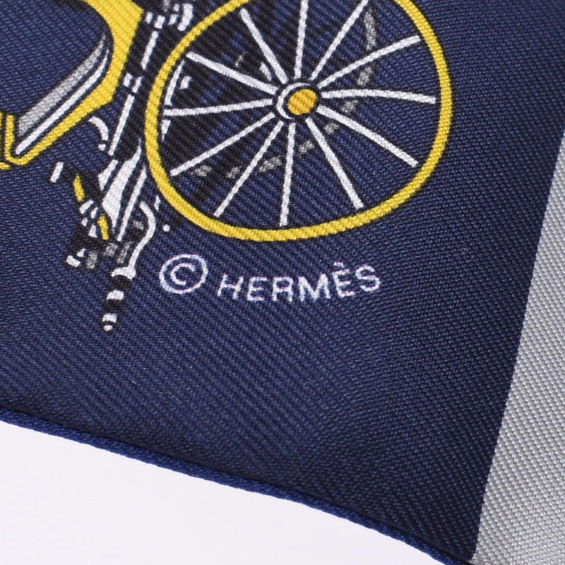 HERMES エルメス ツイリー 精巧な馬車/Voitures Exquises 青/黒/グレー レディース シルク100％ スカーフ 新品 銀蔵