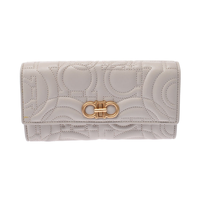 Salvatore Ferragamo Ferragamo Gantini Stitch Beige Gold Bracket Women's Leather Long Wallet A-Rank Used Silgrin