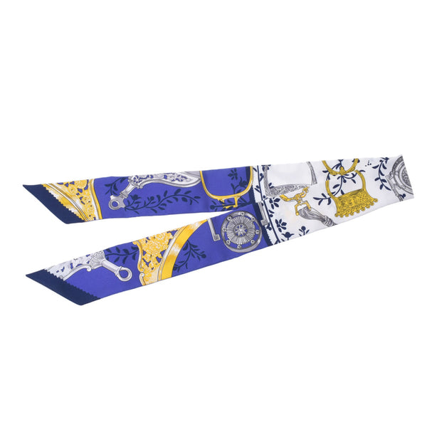 Hermes Hermes Twilley Etriers Remix / Limix White / Blue / Yellow Women's Silk 100% Scarf New Silgrin