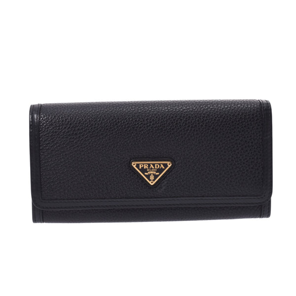 PRADA Prada Black Gold Bracket 1MH132 Unisex Leather Long Wallet A Rank used Ginzo