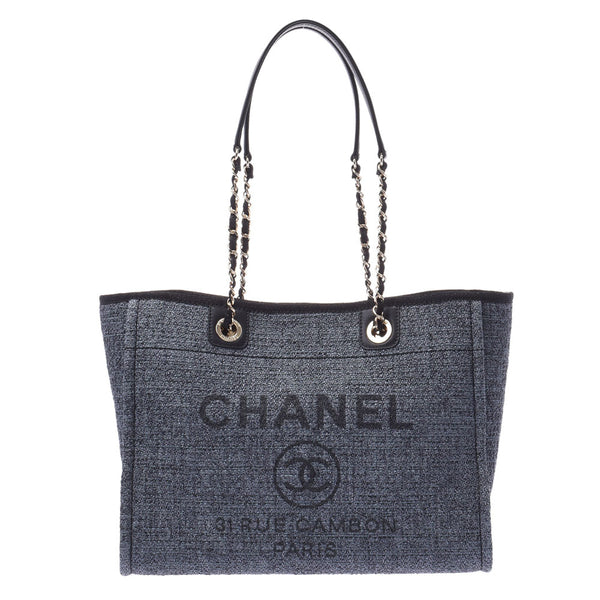 Chanel Chanel Deauville Tote MM Dark Blue System A67001 Women's Straw Leather Tote Bag Unused Silgrin