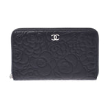 Chanel Chanel Camelia Round Fastener Purse Black Women's Lam Skin Long Wallet A-Rank Used Silgrin