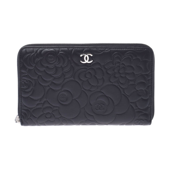 Chanel Chanel Camelia圆形紧固件钱包黑色女士Lam Skin Long Wallet A-Rank使用Silgrin