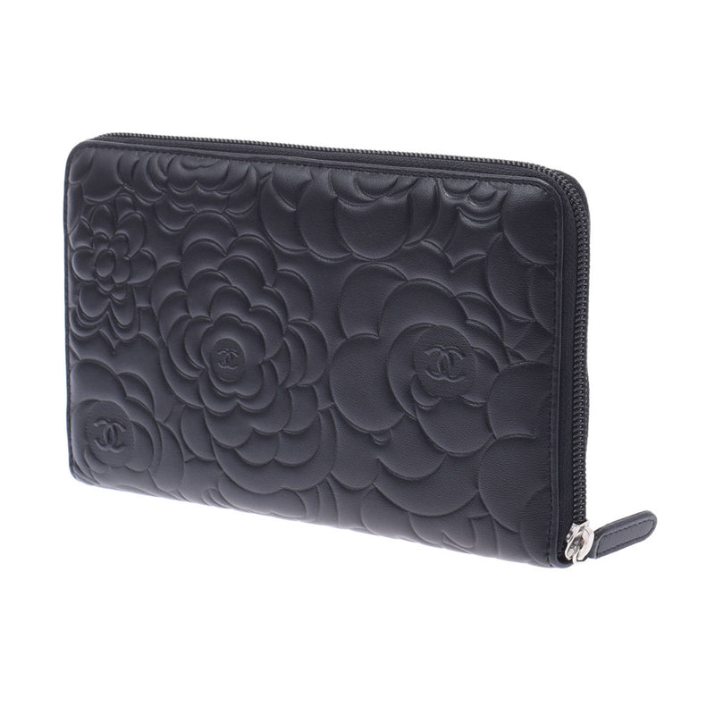 Chanel Chanel Camelia Round Fastener Purse Black Women's Lam Skin Long Wallet A-Rank Used Silgrin