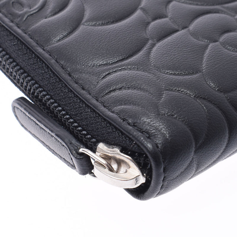 Chanel Chanel Camelia Round Fastener Purse Black Women's Lam Skin Long Wallet A-Rank Used Silgrin