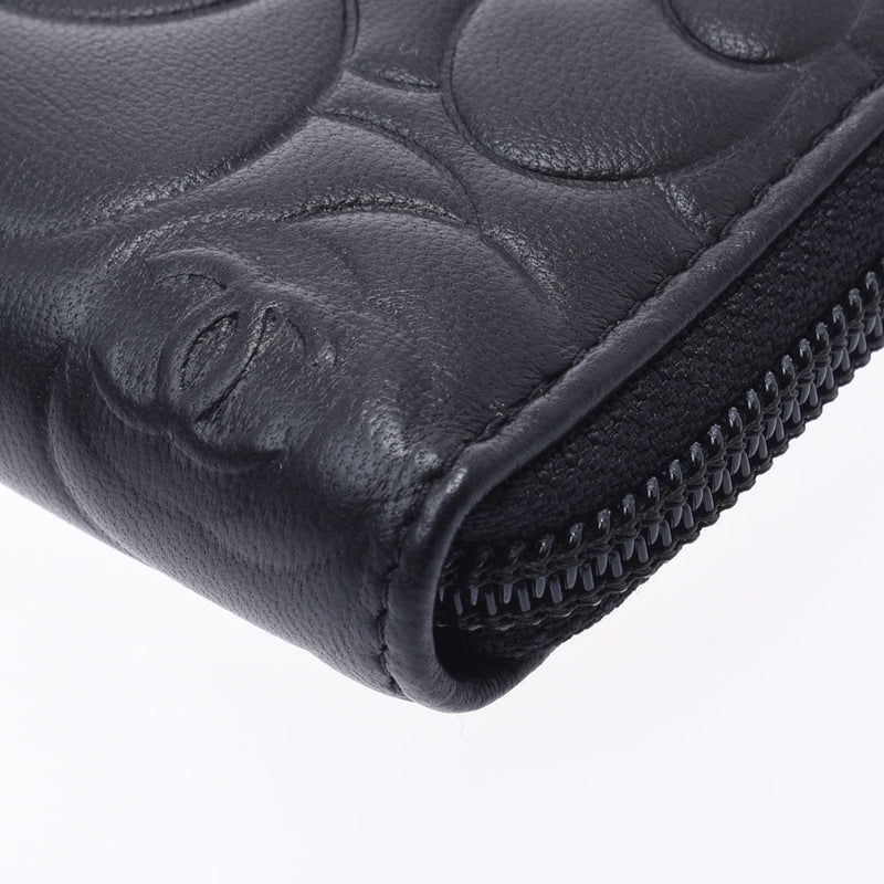 Chanel Chanel Camelia Round Fastener Purse Black Women's Lam Skin Long Wallet A-Rank Used Silgrin