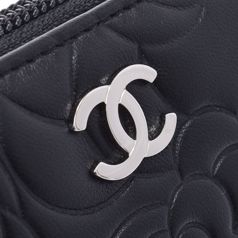 Chanel Chanel Camelia Round Fastener Purse Black Women's Lam Skin Long Wallet A-Rank Used Silgrin