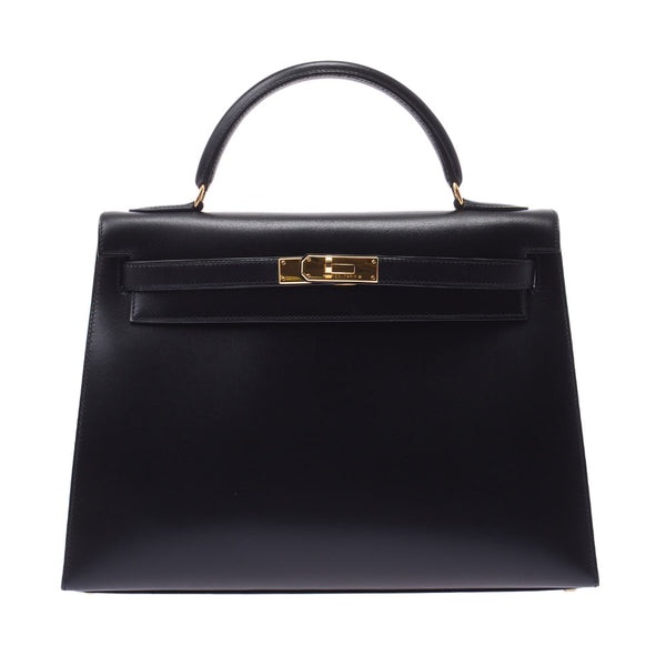 Hermes Hermes Kelly 32 outside sewing 2WAY black gold bracket □ B imprint (around 1998) Women's BOX calf handbag A rank used sinkjo