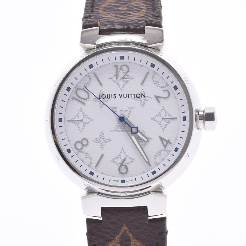 ルイ ヴィトン モノグラム ホワイト タンブールGM 腕時計 QA114Z クオーツ ホワイト文字盤 ステンレススチール レザーベルト メンズ LOUIS VUITTON 【227-10862】