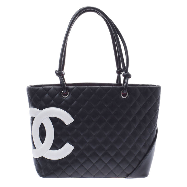 CHANEL シャネル カンボンライン ラージトート 黒/白 レディース ラムスキン トートバッグ Bランク 中古 銀蔵