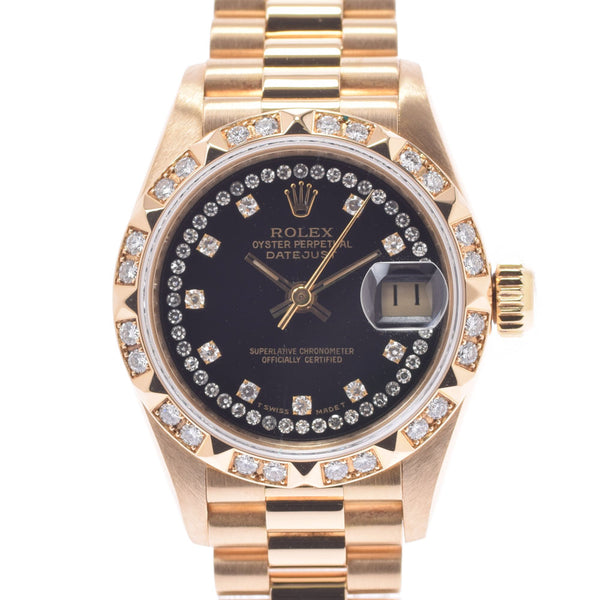 ROLEX Rolex Date Just Besel Diamond Pyramid 69258G Ladies YG Watch Automatic Black Dial A Rank Used Ginzo