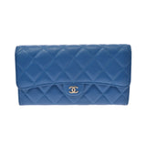 CHANEL Chanel Matrasse Classic Long Flap Wallet Blue Gold Bracket Ladies Caviar Skin Long Wallet AB Rank Used Ginzo