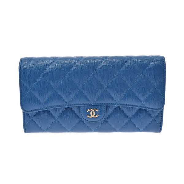 CHANEL Chanel Matrasse Classic Long Flap Wallet Blue Gold Bracket Ladies Caviar Skin Long Wallet AB Rank Used Ginzo