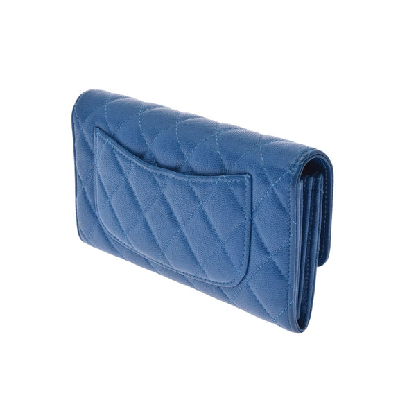 CHANEL Chanel Matrasse Classic Long Flap Wallet Blue Gold Bracket Ladies Caviar Skin Long Wallet AB Rank Used Ginzo