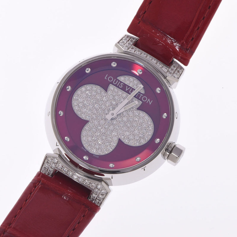 LOUIS VUITTON Louis Vuitton Tambour Forever Center Paves Diamond Rug Diamond Q131TO Ladies SS/Leather Watch Quartz Red Dial A Rank Used Ginzo