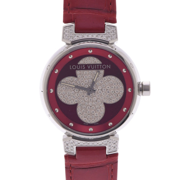 LOUIS VUITTON Louis Vuitton Tambour Forever Center Paves Diamond Rug Diamond Q131TO Ladies SS/Leather Watch Quartz Red Dial A Rank Used Ginzo