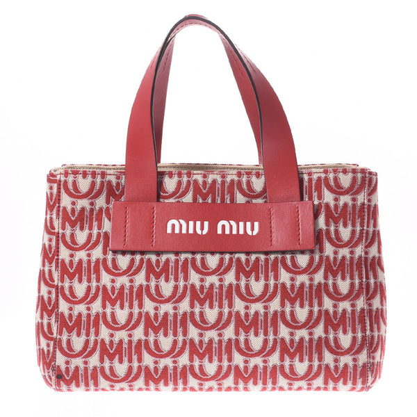 miumiu miu miu徽标图案2way红色/米色5ba085女士帆布手提包AB级二手Ginzo