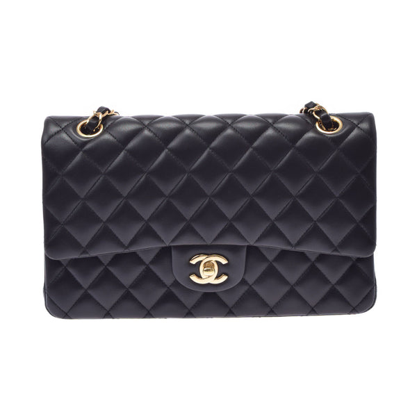 CHANEL シャネル マトラッセ チェーンショルダー Wフラップ 25.5cm 黒 ゴールド金具 レディース ラムスキン ショルダーバッグ Aランク 中古 銀蔵