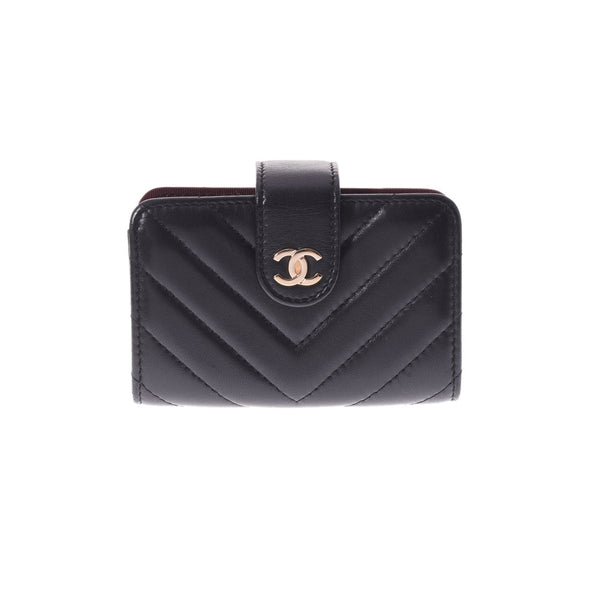 CHANEL Chanel V Stitch Card Case Black Gold Bracket A82287 Ladies Lambskin Business Card holder A Rank used Ginzo