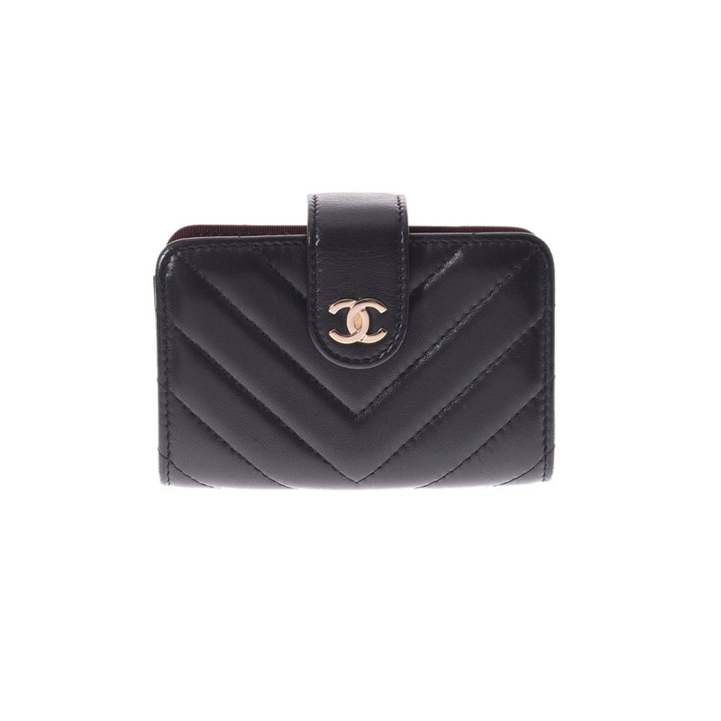 CHANEL Chanel V Stitch Card Case Black Gold Bracket A82287 Ladies Lambskin Business Card holder A Rank used Ginzo