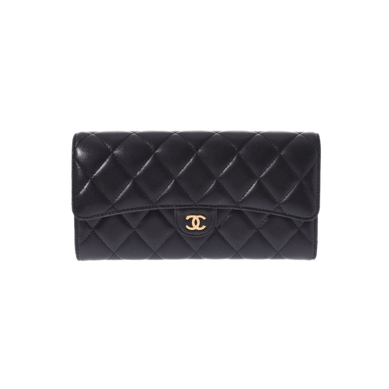 CHANEL Chanel Matrasse Two -fold Black Gold Bracket A80758 Ladies Lambskin Long Wallet B Rank Used Ginzo