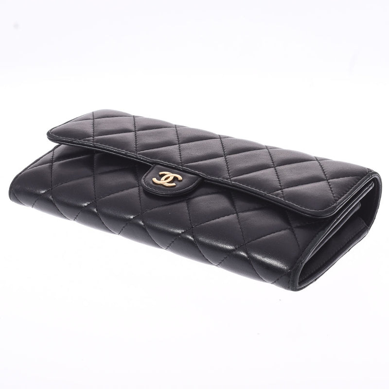 CHANEL Chanel Matrasse Two -fold Black Gold Bracket A80758 Ladies Lambskin Long Wallet B Rank Used Ginzo