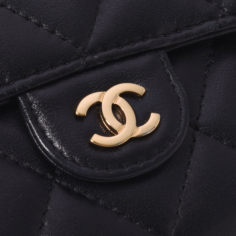 CHANEL Chanel Matrasse Two -fold Black Gold Bracket A80758 Ladies Lambskin Long Wallet B Rank Used Ginzo