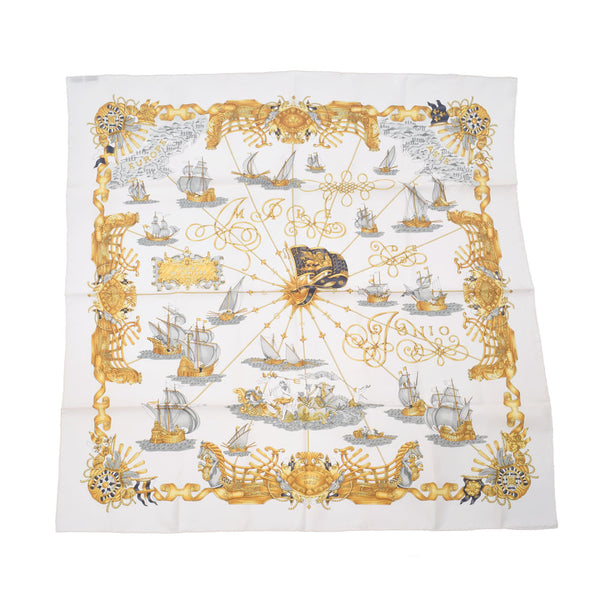 HERMES Hermes Care 90 VOILES DE LUMIERE / Light Sailing Ship White / Yellow Ladies Silk 100 % Scarf A Rank used Ginzo