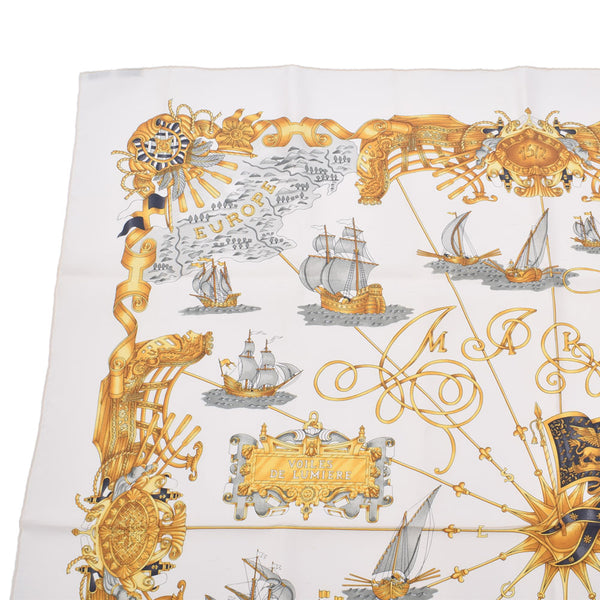 HERMES Hermes Care 90 VOILES DE LUMIERE / Light Sailing Ship White / Yellow Ladies Silk 100 % Scarf A Rank used Ginzo