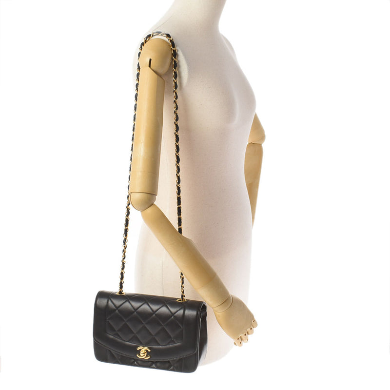 CHANEL Chanel Matrasse Diana Chain Shoulder Black Gold Bracket Ladies Ram Skin Shoulder Bag AB Rank Used Ginzo