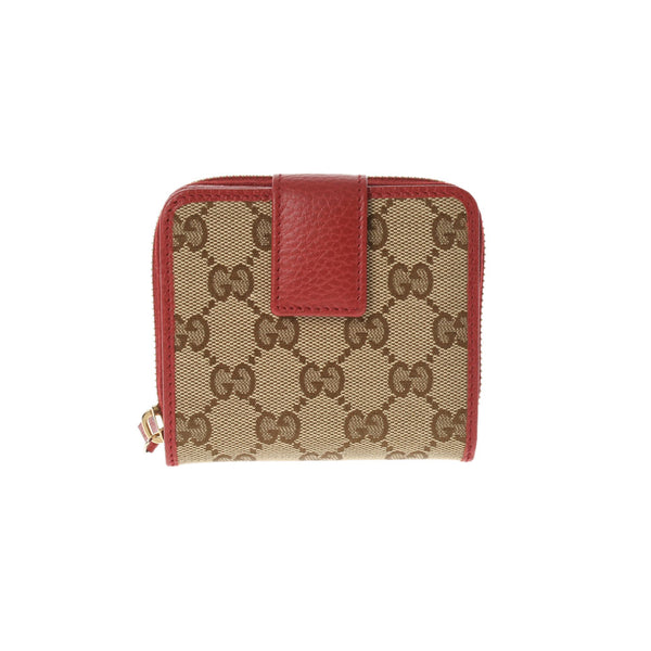 Gucci Gucci紧凑型钱包出口红色/棕色346056男女通用gg帆布皮革bi-褶皱钱包