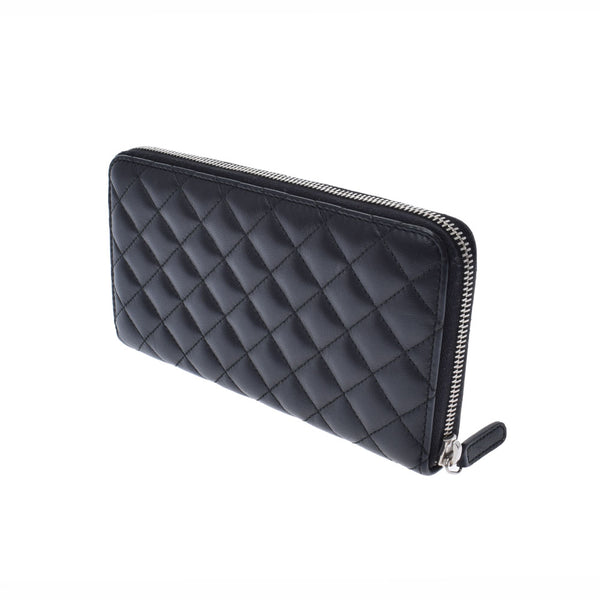 CHANEL Chanel Matrasse Long Zip Wallet Black Silver Bracket Ladies Ram Skin Long Wallet