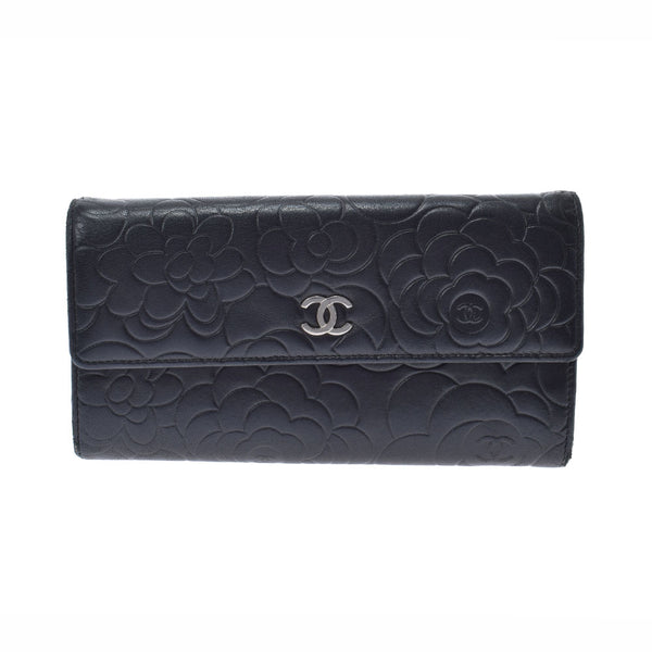 CHANEL Chanel Camelia Long Wallet Black Silver Bracket Ladies Calf Bi -fold Wallet B Rank used Ginzo