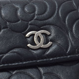 CHANEL シャネル カメリア 長財布 黒 シルバー金具 レディース  カーフ 二つ折り財布 Bランク 中古 銀蔵