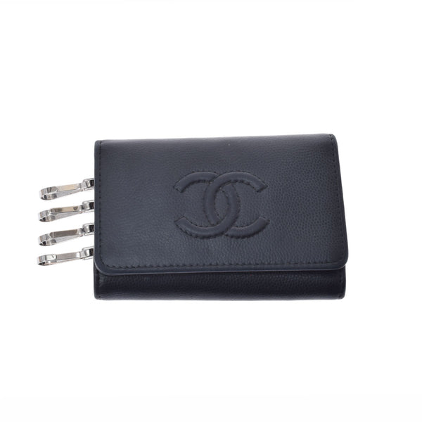 CHANEL Chanel Coco Mark 4 Rested Black Silver Bracket Unisex Soft Caviar Skin Key Case B Rank used Ginzo