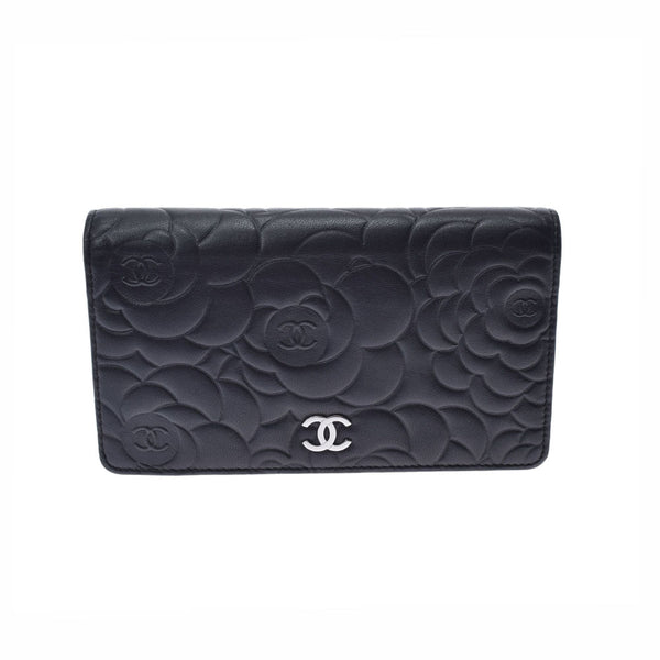 CHANEL Chanel Camellia Long Wallet Black Silver Bracket A36544 Ladies Lambskin Bi -fold Wallet AB Rank Used Ginzo