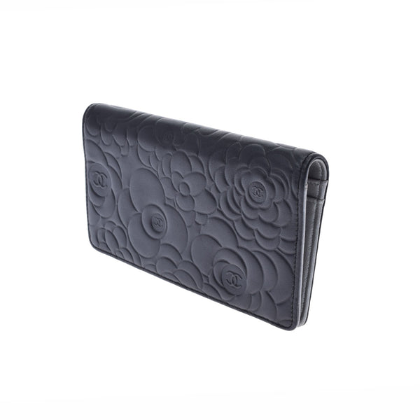 CHANEL Chanel Camellia Long Wallet Black Silver Bracket A36544 Ladies Lambskin Bi -fold Wallet AB Rank Used Ginzo