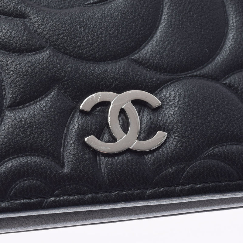 CHANEL シャネル カメリア 長財布 黒 シルバー金具 A36544 レディース ラムスキン 二つ折り財布 ABランク 中古 銀蔵