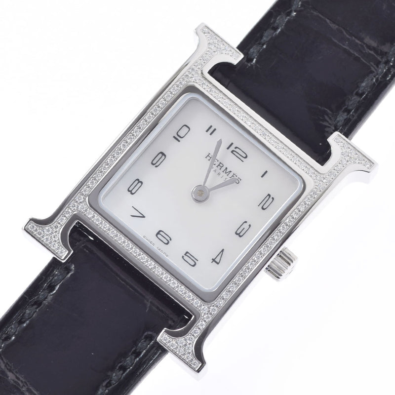 HERMES Hermes H Watch Bezel Diamond HH1.235 Ladies SS/Leather Watch Quartz Shell Dial Unused Ginzo