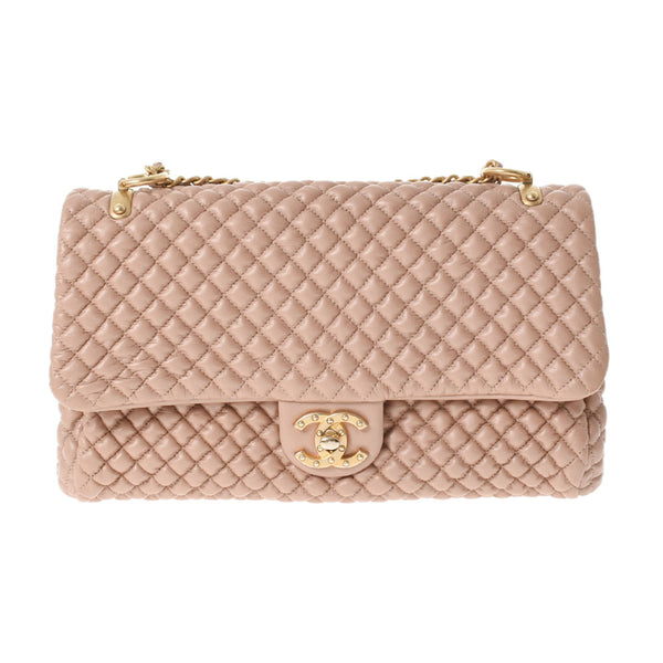 CHANEL Chanel Matrasse Micro Chain Pink Beige Gold Gold Bracket Ladies Ram Skin Shoulder Bag AB Rank Used Ginzo
