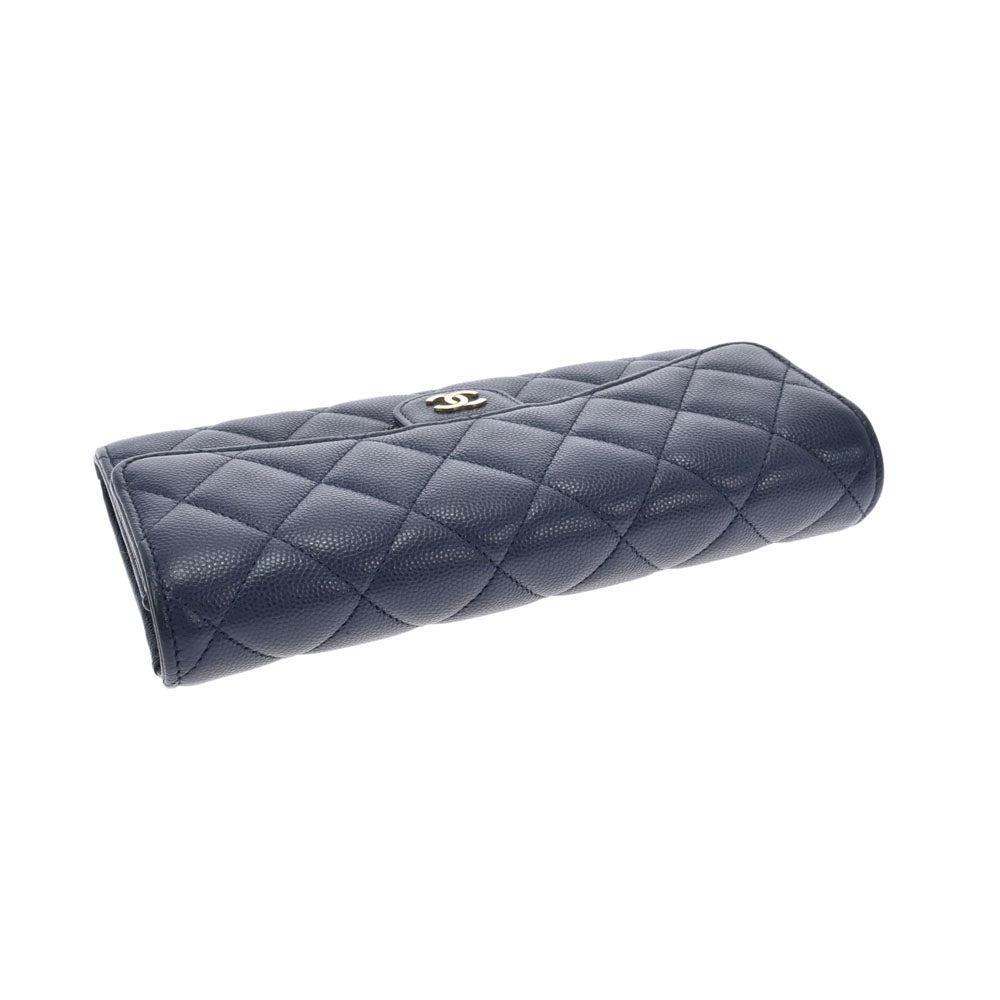 シャネルロングジップウォレット 14143 ネイビー ゴールド金具