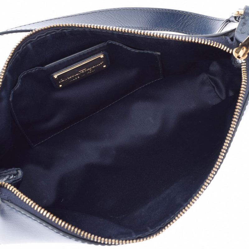 SALVATORE FERRAGAMO Ferragamo Ganchini Navy Gold Bracket Ladies Calf Shoulder Bag AB Rank Used Ginzo