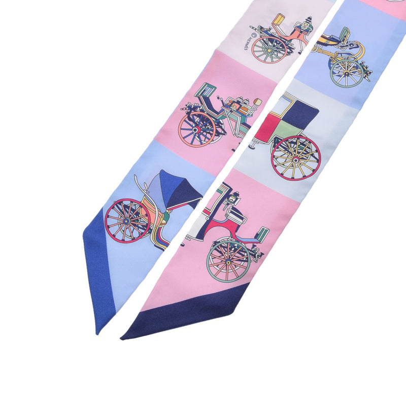 HERMES エルメス ツイリー Voitures Exquises(精巧な馬車)  ブルー/ピンク系 レディース シルク100％ スカーフ 未使用 銀蔵