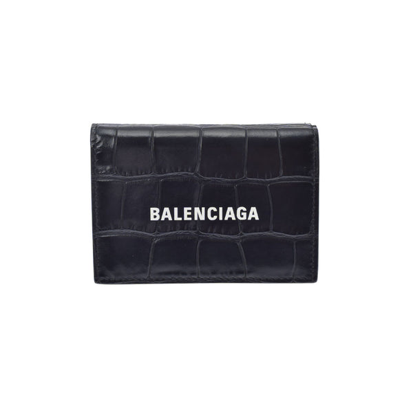 BALENCIAGA バレンシアガ CASH ミニウォレット クロコ型押し 黒 594312 ユニセックス 三つ折り財布 Aランク 中古 銀蔵