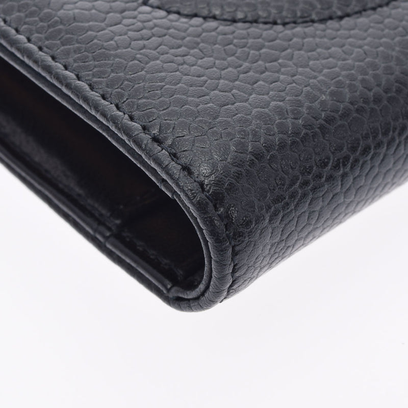 ブラック素材ラインCHANEL がま口 二つ折り財布 キャビアスキン ココマーク ブラック