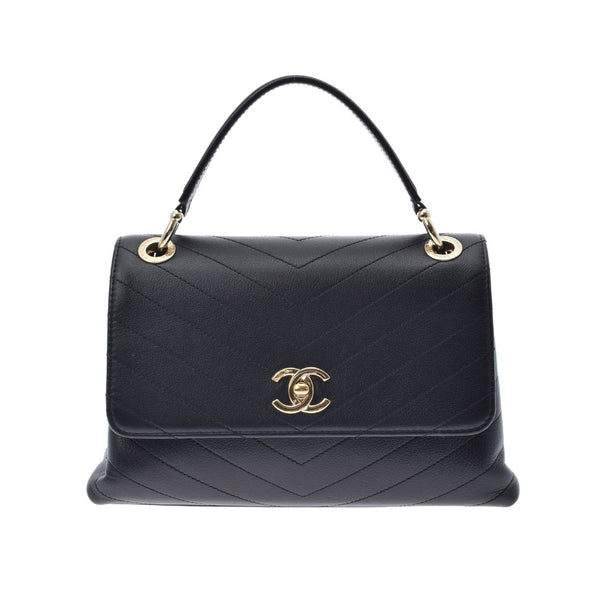 CHANEL シャネル シェブロン トップハンドル 黒 ゴールド金具 レディース カーフ ハンドバッグ Aランク 中古 銀蔵
